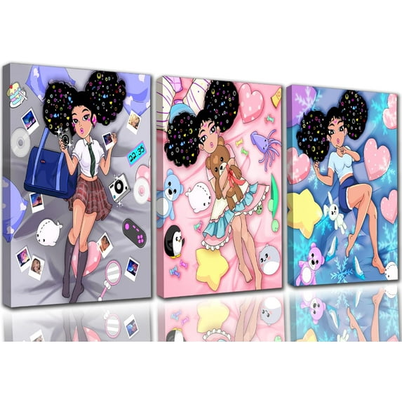 FCCUYE 3Pcs African Girl Canvas - Black Girl Canvas for Walls Aesthetic Posters Prints Cartoon Paintings for Bedroom, 12"x16"