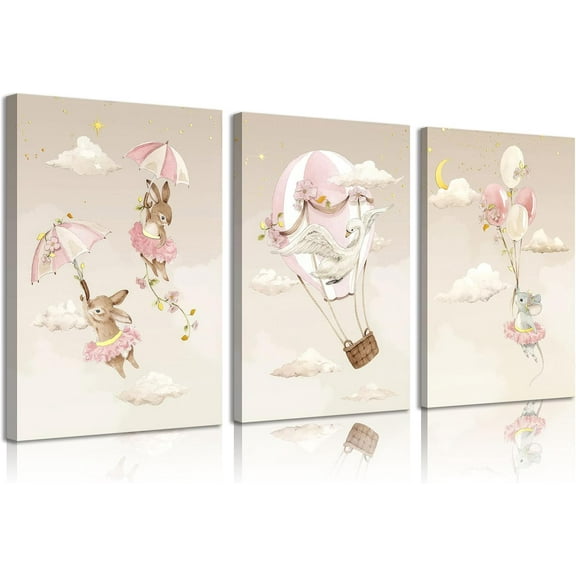 FCCUYE 3Pcs Cute Animals Nursery Bunnies Swan Mouse Canvas Wall Art Pink Hot Air Balloon Posters Prins Paintings Interesting Cartoon Pictures Wall Decor for Girl Bedroom Living Room Decorate Unframed