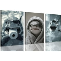 FCCUYE 3Pcs Cute Shark Bathroom Wall Art Funny Shark In the bathtub Prints Wall Decor Modern Bathhouses Animal Painting Posters Fun Bathroom Country Animal Canvas Pictures for Toilet Hotel Unframed