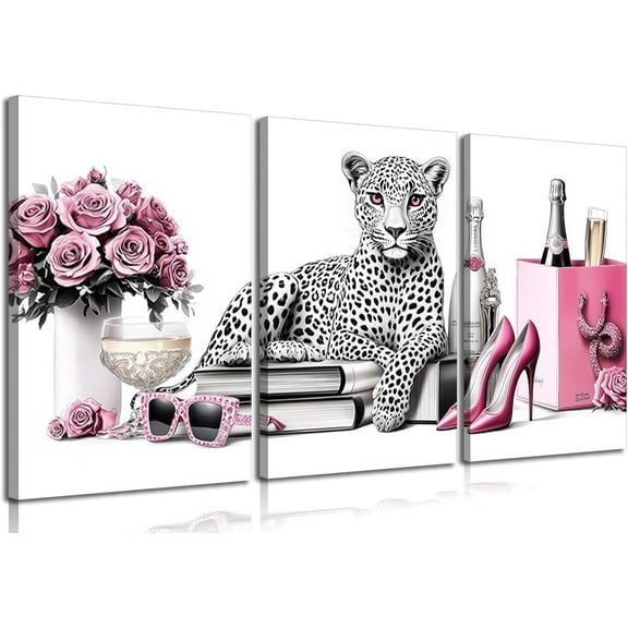 FCCUYE 3Pcs Leopard Print Canvas Wall Art Picture Fashion Cheetah Printed Stylish Pink Books High Heels Perfume Poster Painting Preppy Girl Wall Decor for Living Room Women Bedroom 12x16in Unframed