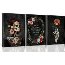 FCCUYE 3pcs Skull Flower Wall Art Romantic Dark Gothic Skull Pictures Dark Halloween Wall Decor Canvas Paintings Prints Posters Suitable for Bathroom Bedroom Living Room Decoration Und
