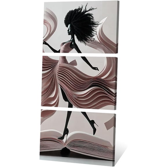 FCCUYE Abstract Book Dress Woman Wall Art 3 Pieces African American Lady Canvas Paintings Black and Teal Wedding Girl Picture Prints Home(Woman-2,12x16inchx3 Pieces (30x40cmx3 Pieces))