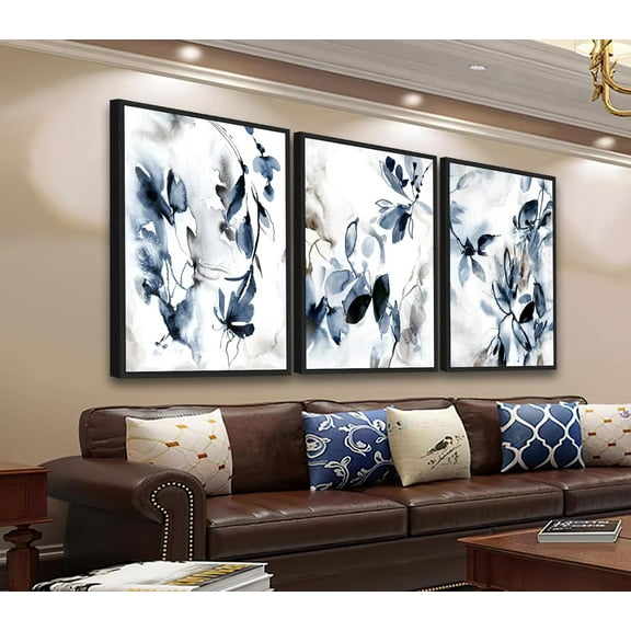 FCCUYE Abstract Framed Wall Art - Grey Blue Large Wall Decor Neutral Beige Canvas Pictures Rustic Retro Painting Prints for Living Room Bedroom Bathroom Kitchen Office 16" X 24" X 3 Pcs