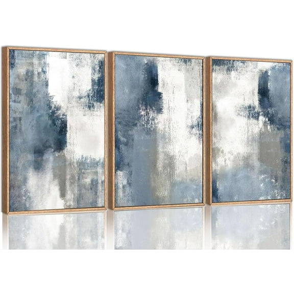 FCCUYE Abstract Wall Art Navy Blue Gray Canvas Large Framed Set of 3 Modern Minimalist Neutral Color Block Shape Artwork Blue Printing Pictures Wall Decor for Living Room Bedroom Office-12x16in