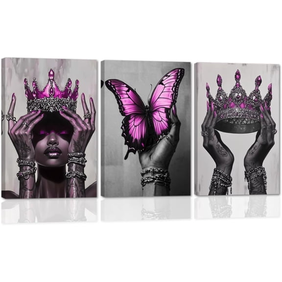 FCCUYE African American Canvas Wall Art 3 Pieces Fashion Black Woman Picture African Queen with Crown Butterfly Prints Black Girl Paintings Bedroom Decor Frame (Blue, (12.00" x 16.00" x 3PCS))