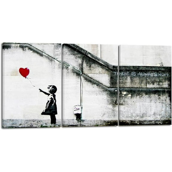 FCCUYE Banksy Grafitti Girl with Red Balloon Modern 3 Piece Famous Canvas Paintings Wall Art Inspirational Grey Love Pictures Print Artwork for Dining Room Kitchen Home Office Decor