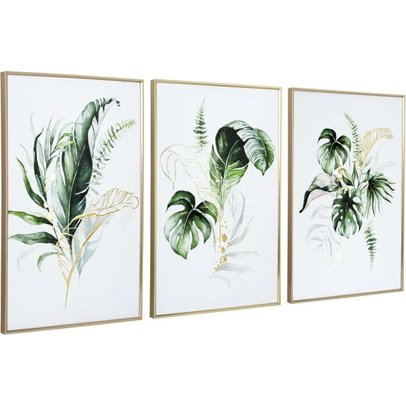 FCCUYE Bathroom d Wall Art, Botanical Canvas Paintings Wall Decor with Green and Gold Glided Textured Modern Nature Pictures Plant Prints for Living Room Bedroom (12x16 Inch, Set of 3)