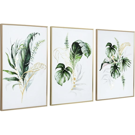 FCCUYE Bathroom d Wall Art, Botanical Canvas Paintings Wall Decor with Green and Gold Glided Textured Modern Nature Pictures Plant Prints for Living Room Bedroom (12x16 Inch, Set of 3)