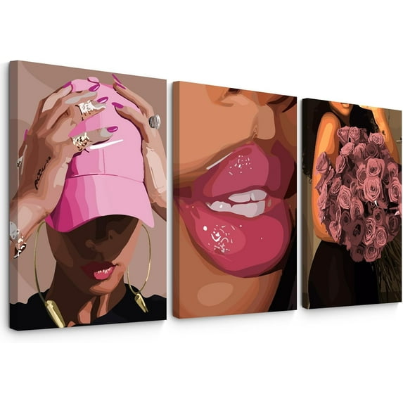 FCCUYE Black Woman Wall Art Pink Black Girl Canvas Decor African American Wall Art Picture Fashion Women Gril Poster Painting Abstract Flower People Art for Living Room Bedroom 16x24x3 Inch Und