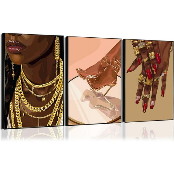 FCCUYE Black Woman Wall Art Set of 3 Fashion African American Women Wall Decor Trendy Abstract Black Girl Canvas Poster Prints Aesthetic Pictures for Bedroom Living Room d 12x16 inch