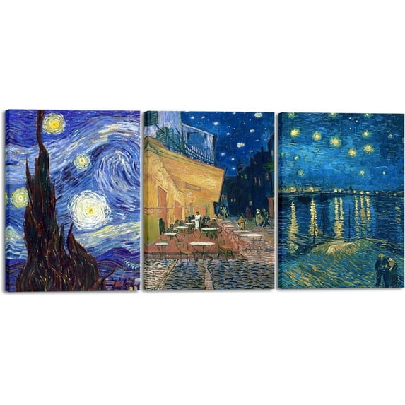 FCCUYE Black d 3 Panels Canvas Prints of Vincent Van Gogh Paintings Reproduction Starry Night Over the Rhone Cafe Terrace at Night Canvas Wall Art for Home Office Decor
