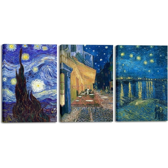 FCCUYE Black d 3 Panels Canvas Prints of Vincent Van Gogh Paintings Reproduction Starry Night Over the Rhone Cafe Terrace at Night Canvas Wall Art for Home Office Decor