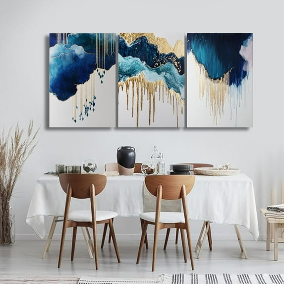 FCCUYE Blue Gold Wall Decor, Blue Gold Canvas Wall Art, Abstract Art Prints, Modern Abstract Wall Art for Living Room, Office, Bedroom (16" x 24" x 3 pcs)