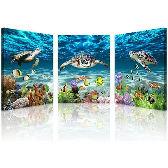 FCCUYE Blue Ocean Animal Seascape Canvas Prints Wall Art Paintings For Bedroom Framed Wall Decor for Living Room Ready To Hang Bathroom Wall Pictures Modern Home Decoration Artworks 3 Pieces