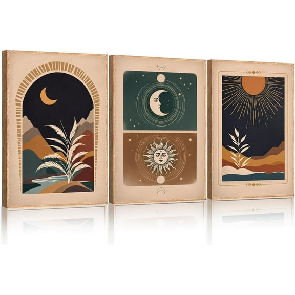 FCCUYE Boho Desert Botanical d Canvas Wall Art Set of 3, Bohemian Sun Moon Wall Painting, Mid Century Tropical Leaves Wall Decor, Retro Southwestern Art Print for Living Room, Bedroom 16" x 24"