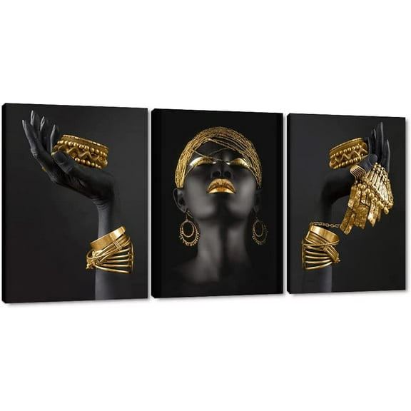 FCCUYE Canvas Wall Art Painting African Woman Pictures Modern Gold Black Woman Holding Gold Jewelry Posters Prints Artwork Home Decor for Living Room Bedroom Office d - 12"x16"x3pcs