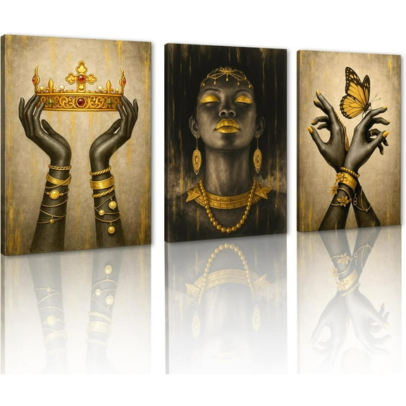 FCCUYE Canvas Wall Art Painting African Woman Pictures Modern Gold Black Woman Holding Gold Jewelry Posters Prints Artwork Home Decor for Living Room Bedroom Office d - 12"x16"x3pcs