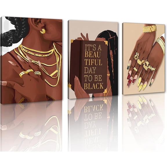 FCCUYE Canvas Wall Art Painting African Woman Pictures Modern Gold Black Woman Holding Gold Jewelry Posters Prints Artwork Home Decor for Living Room Bedroom Office d - 12"x16"x3pcs