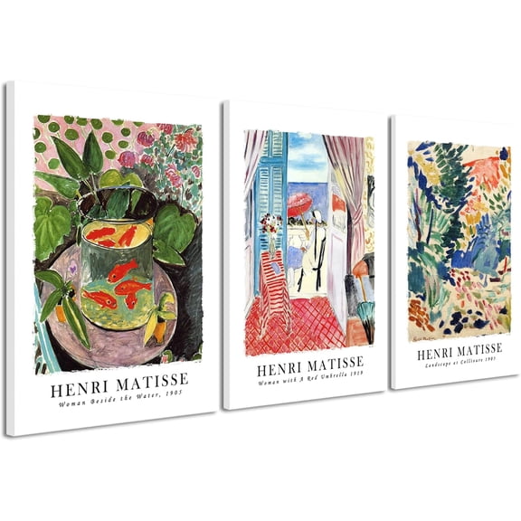 FCCUYE Canvas Wall Art Set of 3 Henri Matisse Aesthetic Posters Woman with A Red Umbrella Goldfish Landscape at Collioure Art Exhibition Matisse Prints Posters for Home Decorations