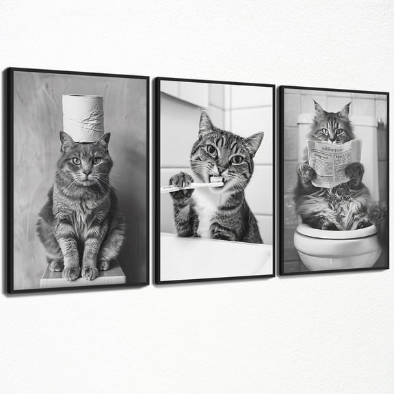 FCCUYE Cat Bathroom Canvas Wall Art, Set of 3 Black and White Funny Animal Bathroom Poster, Cute Cat Reading Newspaper on Toilet Brushing Teeth Pictures Wall Decor for Guest Room 8x12in Unframed