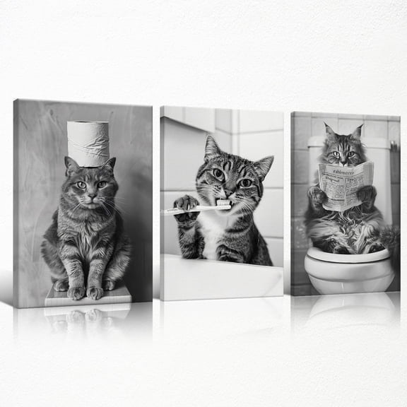 FCCUYE Cat Bathroom Canvas Wall Art, Set of 3 Black and White Funny Animal Bathroom Poster, Cute Cat Reading Newspaper on Toilet Brushing Teeth Pictures Wall Decor for Guest Room 8x12in Unframed