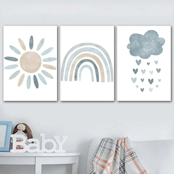 FCCUYE Child Canvas Wall Art Pink Cartoon Cloud Sun Rainbow Wall Art Posters and Prints, Nursery Art Print Rainbow Canvas Painting Nordic Picture for Girls Baby Kids Room Decor Unframed
