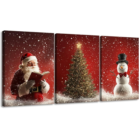 FCCUYE Christmas Canvas Wall Art - Set of 3 Framed 12x16in Three Snowmen and Santa Claus Decoration, Vintage Winter Wall Art For Home, Office or Farmhouse - Holiday Poster & Wall Decor