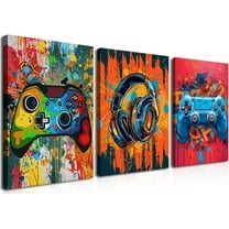FCCUYE Cool Gaming Canvas Wall Art Set of 3, Retro Video Game Watercolor Poster Pictures, Neon Gamepad Gamepad Painting Prints Game Room Bedroom Wall Decor 12x16 in Framed