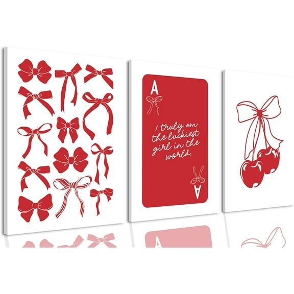 FCCUYE Coquette Bow Wall Decor Aesthetic, Pink Canvas Wall Art Set, Preppy Bow Room Decor, Trendy Disco Cherry Posters Prints for Teen Girls Bedroom Dorm College Apartment 12x16in Canvas