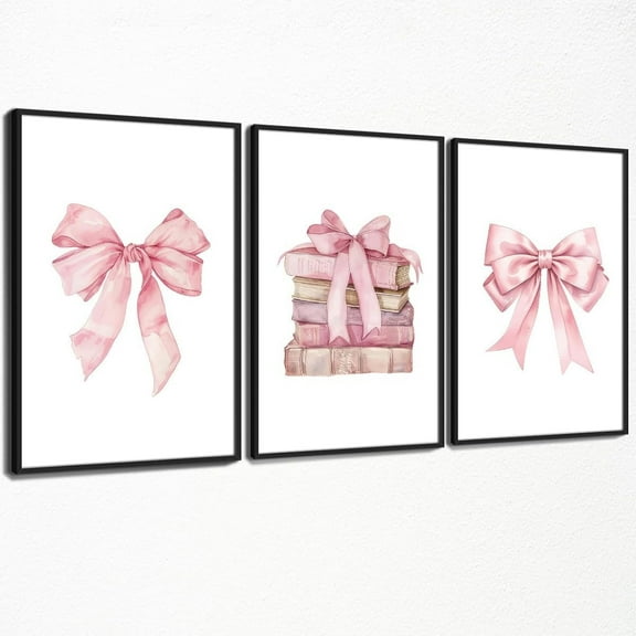 FCCUYE Coquette Pink Bow Poster Trendy Preppy Girly Book Canvas Wall Art Set of 3 Cute Watercolor Reading Painting Prints for Girl Bedroom Dorm Library Wall Decor 12X16 inch Und