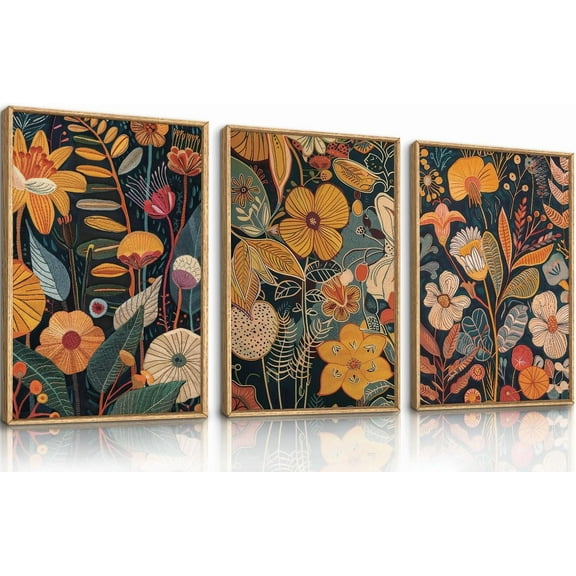 FCCUYE Dark Floral Canvas Wall Art Set, Framed Vintage Moody Flower Wall Decor, Large Black Botanical Wall Painting, Academia Art Print 3 Piece 16x24 Inches for Living Room, Bedroom, Office
