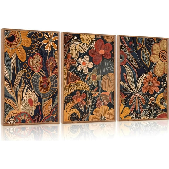 FCCUYE Dark Moody Boho Wildflowers Wall Art Set(16"x24"), 3 Pieces Vintage Mid Century Modern Floral Framed Canvas Artwork, Large French Penoy Botanical Wall Decor for Office Bedroom Living Room