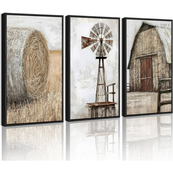FCCUYE Farmhouse Wall Art Vintage Rustic Windmill Barn Cornfield Pictures d Painting Landscape Countryside Rural Canvas Artwork Home Decor Ready to Hang 11x14in - Black d