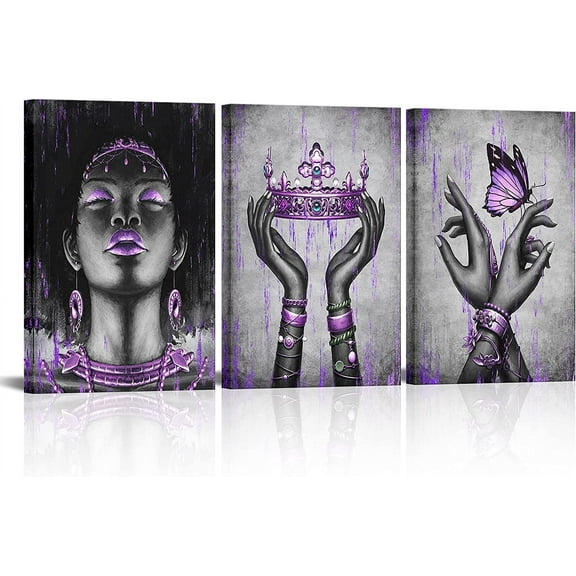 FCCUYE Fashion African American Woman Painting Giclee Canvas Prints Elegant Black Girl with Purple Accessories Picture Poster Gallery Wrapped Artwork for Bedroom Makeup Room Decoration