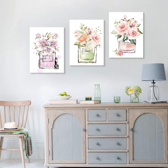 FCCUYE Fashion Perfume Glam Canvas Wall Art 3 Piece Perfume Bottle Poster Set with Flowers Painting Stretched Colorful Picture for Girl's Bedroom Bathroom Makeup Room Home Décor 12"x16"