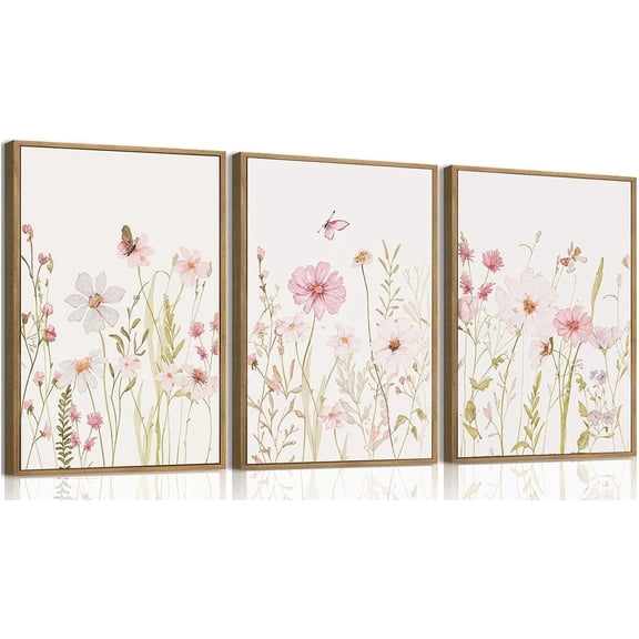 FCCUYE Floral Canvas Wall Art Flower Framed Art Prints Set of 3 Pink Wildflower Printing Botanical Nursery Pictures Wall Decor Artwork for Living Room Bedroom Bathroom 12x16in