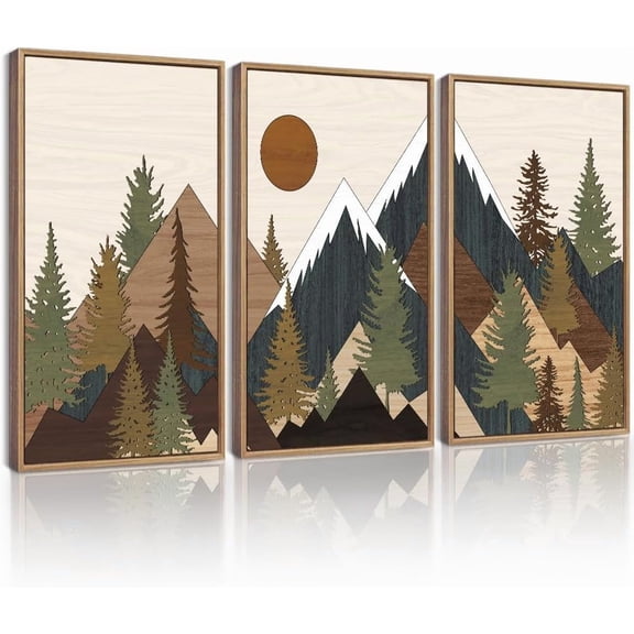 FCCUYE Fog Pine Tree Framed Wall Art Nature Nordic Green Forests Artwork Morden Painting Home Decor 11x14in (Natural Framed)