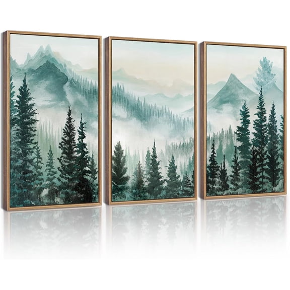 FCCUYE Fog Pine Tree Framed Wall Art Nature Nordic Green Forests Artwork Morden Painting Home Decor 11x14in (Natural Framed)