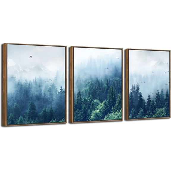 FCCUYE Forest Wall Art Misty Indigo Blue Landscape Canvas Painting Mountain Pine Tree Nature Birds Pictures Scenery d for Living Room Bedroom Bathroom Home Office Wall Decor, 12"x16"x3 Panels