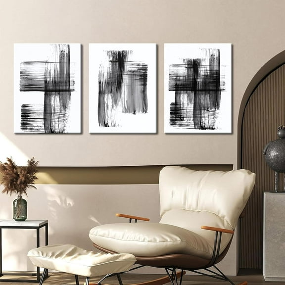 FCCUYE Framed Black and White Wall Art, Modern Minimalist Canvas Prints, Monochrome Geometric Brushstroke Artwork for Living Room, Bedroom, Office, Ready to Hang, 12x16in, Set of 3