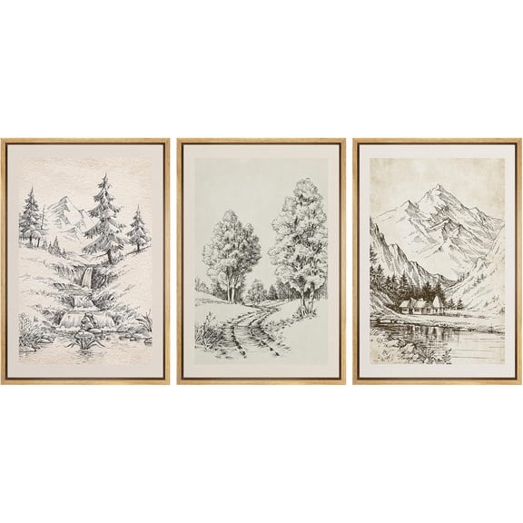 FCCUYE Framed Canvas Print Wall Art Set Retro Vintage Sketchbook Forest Country Landscape Farmhouse Decor Nature Wilderness Illustrations Floral Botanical Retro for Bedroom - 16"x24"x3 NATURAL