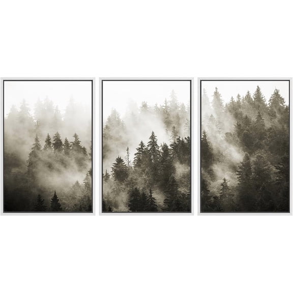 FCCUYE Framed Canvas Print Wall Art Set Winter Fog Mist Pine Tree Mountain Forest Nature Wilderness Photography Modern Art Landscape Relax/Calm for Living Room, Bedroom, Office - 16"x24"x3 White