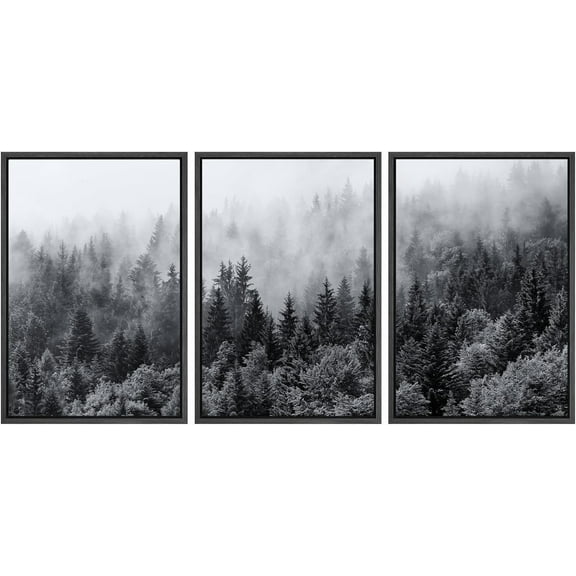 FCCUYE Framed Canvas Print Wall Art Set Winter Fog Mist Pine Tree Mountain Forest Nature Wilderness Photography Modern Art Landscape Relax/Calm for Living Room, Bedroom, Office - 16"x24"x3 White