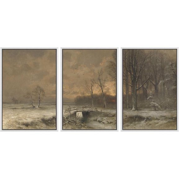 FCCUYE Framed Canvas Print Wall Art Set Winter Solitude Bare Trees and Snowy Landscape Illustrations Modern Colorful Ultra for Living Room, Bedroom, Office - 16"x24"x3 Natural