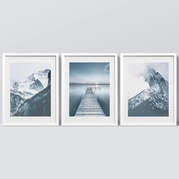 FCCUYE Framed Forest Landscape Wall Art, Set of 3 Purple Misty Mountain Range Pine Tree Wall Decor Prints, Nature Wilderness Wall Décor for Living Room, Bedroom - 12"x16" Black