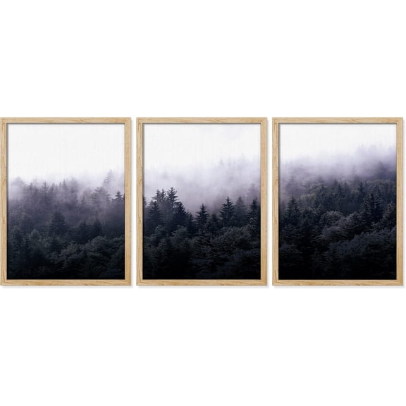 FCCUYE Framed Forest Landscape Wall Art, Set of 3 Purple Misty Mountain Range Pine Tree Wall Decor Prints, Nature Wilderness Wall Décor for Living Room, Bedroom - 12"x16" Black
