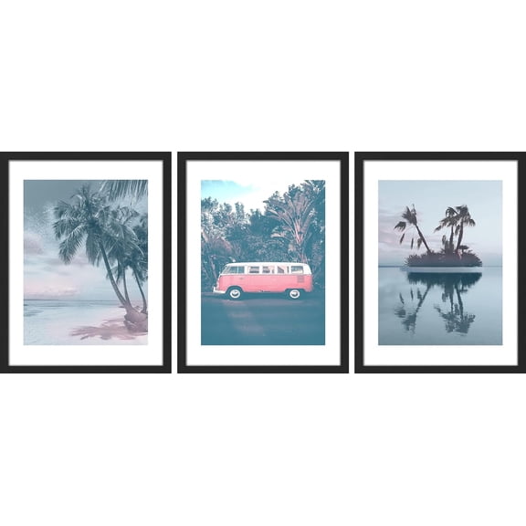 FCCUYE Framed Forest Landscape Wall Art, Set of 3 Purple Misty Mountain Range Pine Tree Wall Decor Prints, Nature Wilderness Wall Décor for Living Room, Bedroom - 12"x16" Black