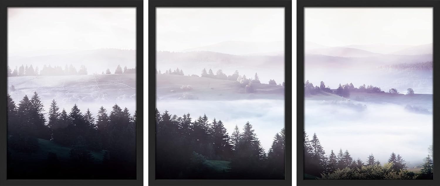 FCCUYE Framed Forest Landscape Wall Art, Set of 3 Purple Misty Mountain ...
