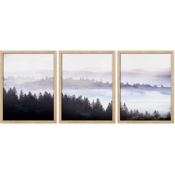 FCCUYE Framed Forest Landscape Wall Art, Set of 3 Purple Misty Mountain Range Pine Tree Wall Decor Prints, Nature Wilderness Wall Décor for Living Room, Bedroom - 12"x16" Black