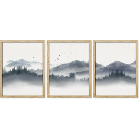 FCCUYE Framed Mountain Landscape Wall Art, Set of 3 Red & Orange Pastel Wall Decor Prints, Nature Wilderness Wall Décor for Living Room, Bedroom - 12"x16" Natural
